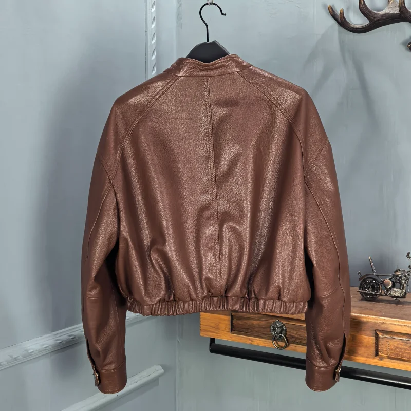 เสื้อแจ็คเก็ตหนังแท้สำหรับผู้หญิง ฤดูใบไม้ผลิ 2026 ทรงหลวม สไตล์มอเตอร์ไซค์  แขนยาว  แบบมีซิป