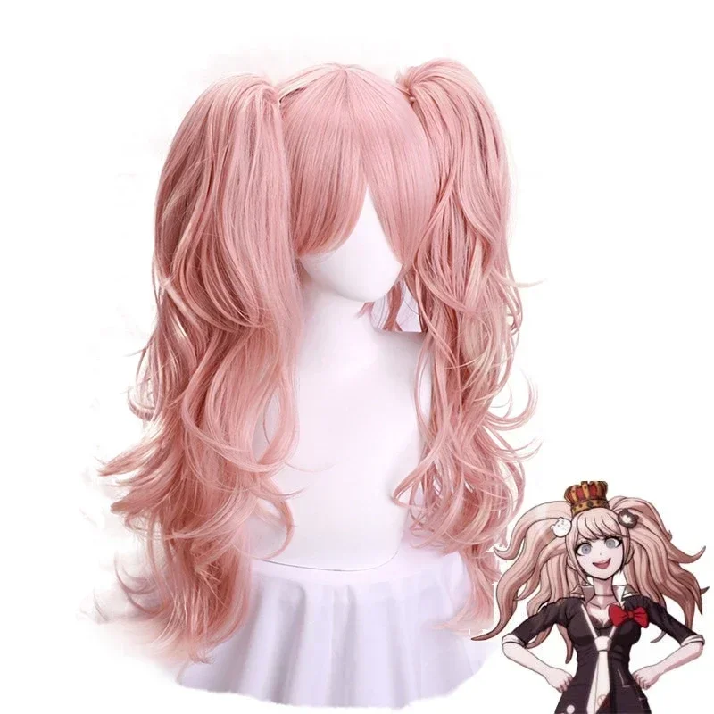 Morematch Enoshima Junko Cosplay Wig Pink Long Wavy and Horsetail Clip Heat-resistant Cosplay Wig Headdress