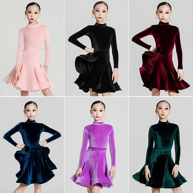 

Children Latin Dance Training Clothes Autumn and Winter Long Sleeved Latin Dance Skirt Stage Performance Competition Clothes