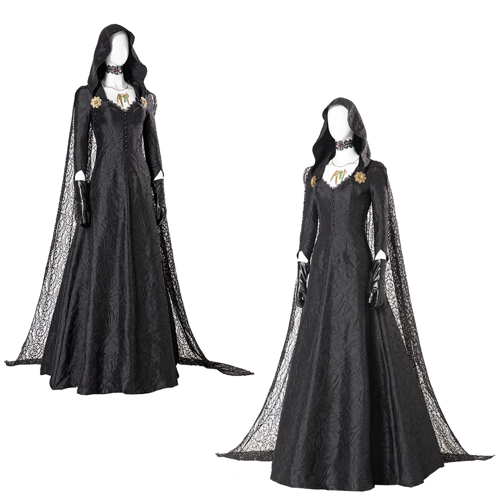 Evil 8 Village Vampire Lady Daniela Cosplay Dress Bela Dimitrescu Costume Vampire Lady Black Dress Cloak Outfits Halloween Suit