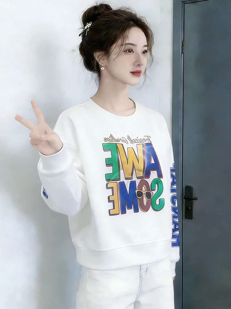 

Faionable Fce Lined Thiened round Ne Sweatirt Women's Autumn Winter Sli Printed Letter Casual Warm Top