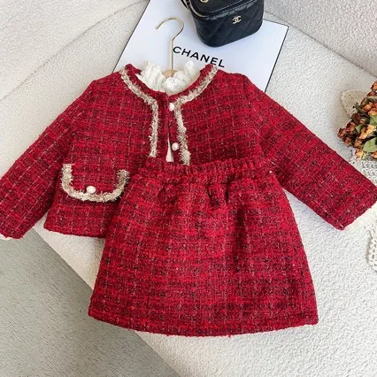 Autumn and Winter Clothing Children's Clothing Girls' Set Red Thick Cotton Jacket Half Skirt Coarse Tweed Two-piece Set