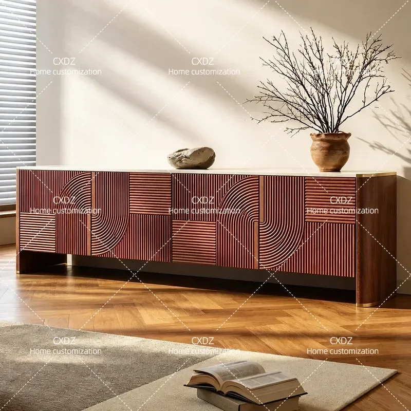Medieval Wooden TV Cabinet Living Room Storage Sideboard Modern Villa High End Light Luxury Audio Visual Console Table