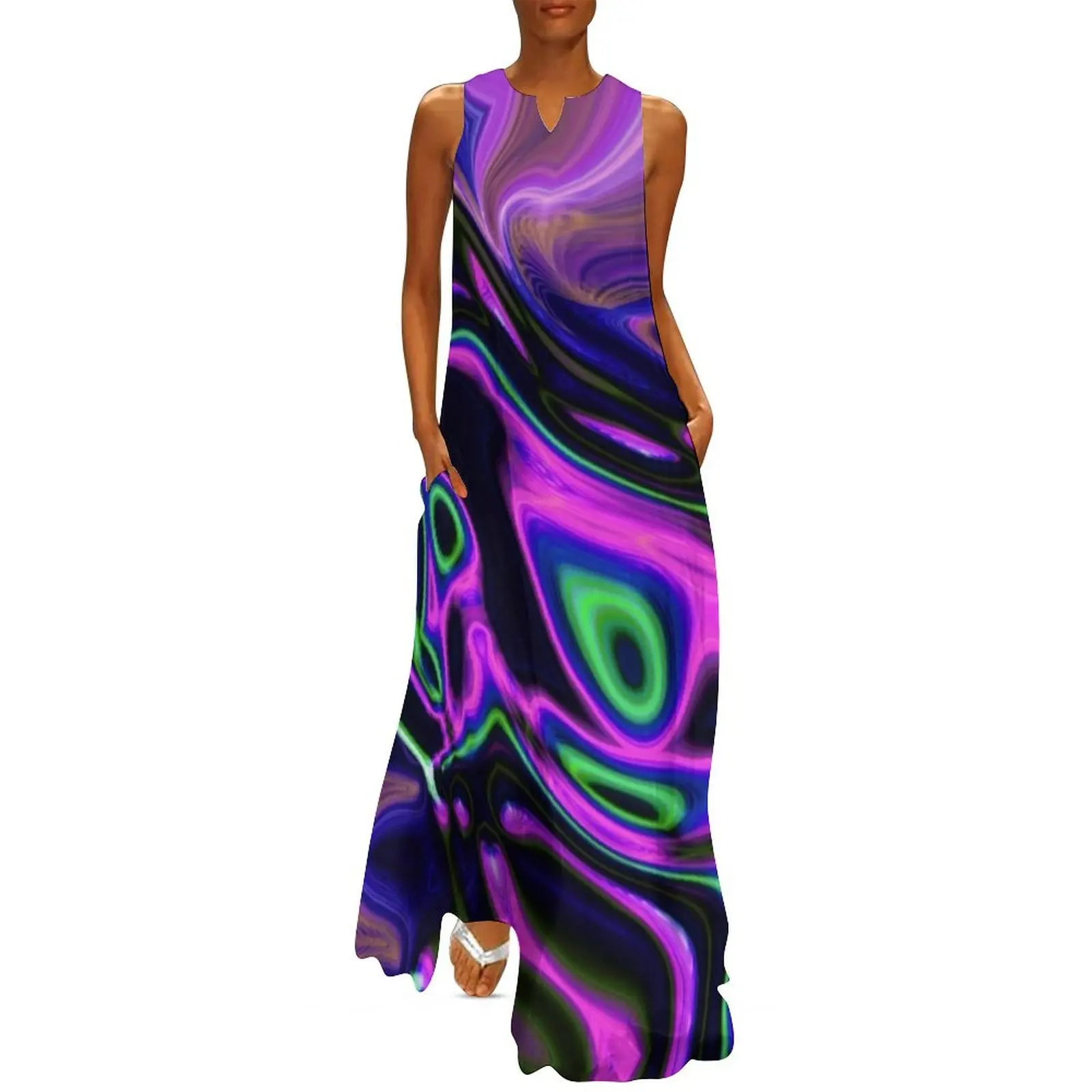 

1980s modern girly abstract green purple marble swirls Long Dress dresses summer woman 2025 Dress