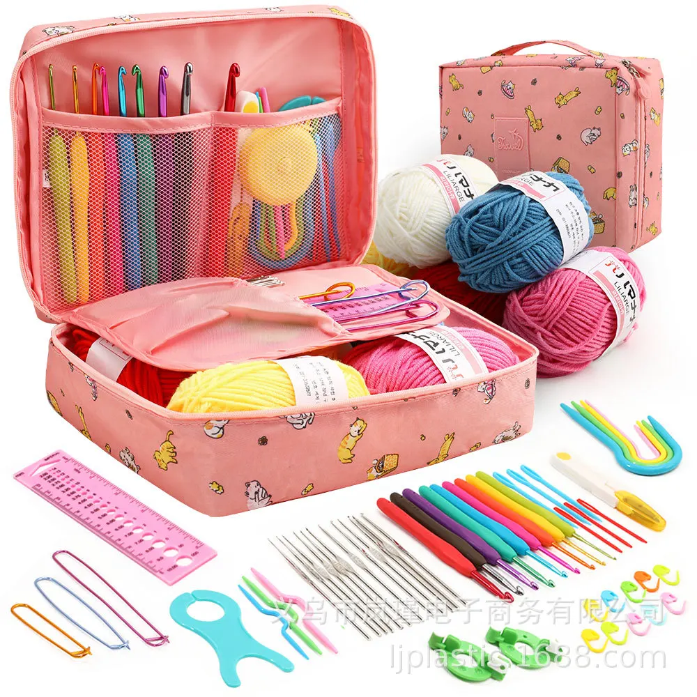 Crochet Kit with Knitting Accessories Set for Beginners, Yarn Hooks,Needles,Storage Bag, Gift,, 59 Pcs