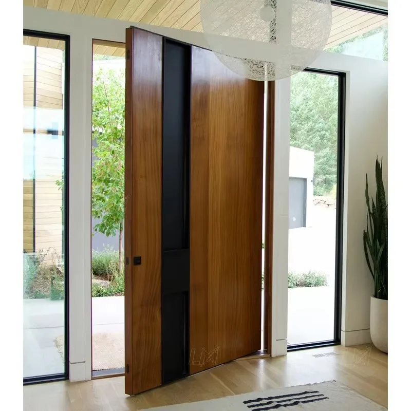 2026 Modern Black Walnut Main House Entrance Door Veneer Wooden Flush Double Door Security Anti-Theft Pivot Main Entry Doors