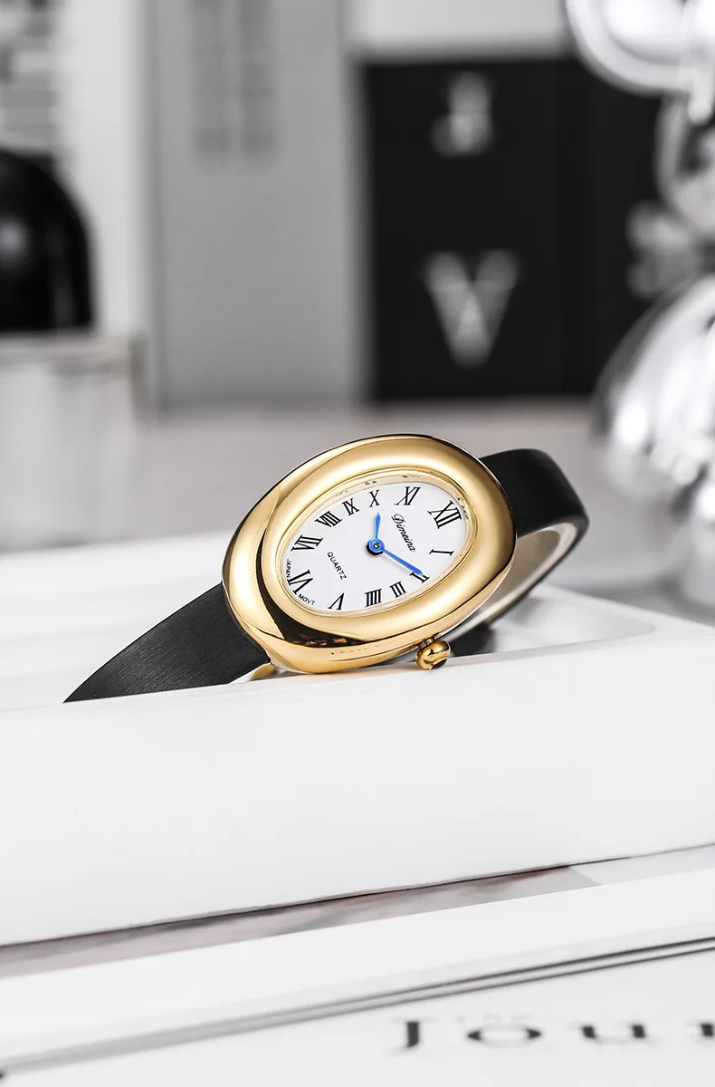 Women\'s Gold Grey Analog Quartz Alloy Steel Oval Roman Numeral Bracelet Watch Vintage Gold Oval Watch Roman Numeral Dial Bangle Watch for  main image 2