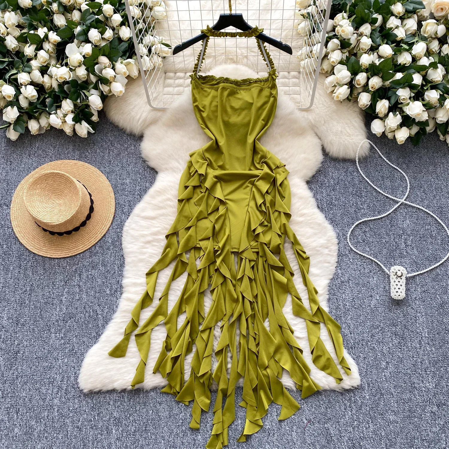 Sexy Halter Elegant Sleeveless Vintage Ear Fungus Edge Riddon Chic Slim Strapless Dresses Streetwear High Street Autumn Clothing