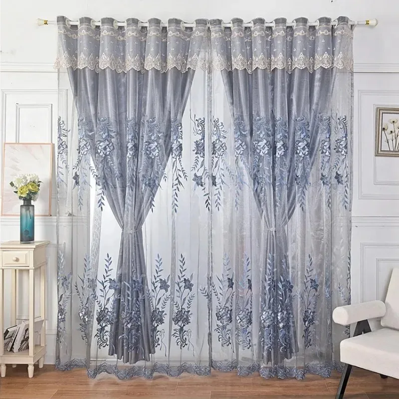 

European Modern Double-layer Embroidered Colth Yarn Integrated Luxury Jacquard Blackout Curtains for Living Roomwhite Tulle Set