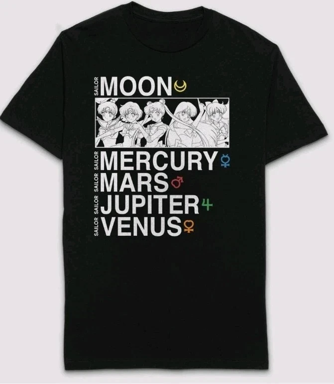 Camiseta de Verano 2026 de Algodón, Informal y Cómoda, con Diseño de Sailor Moon, Mercurio, Marte, Júpiter, Venus, Negra, Anime