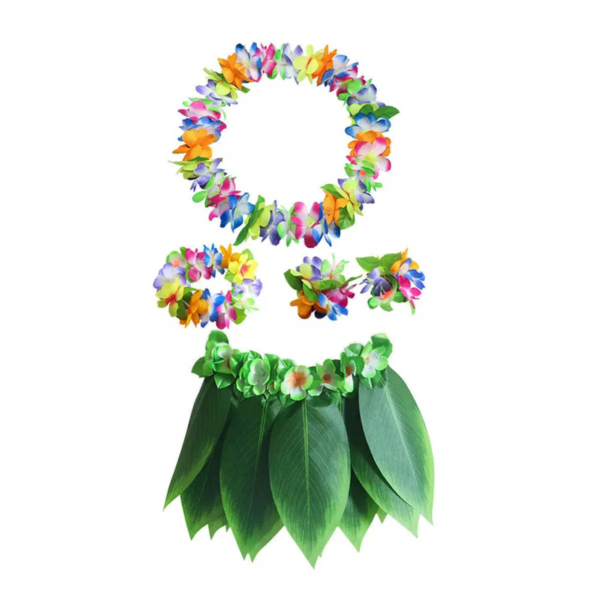 5pcs Grass Skirt Flower Lei Set Elastic Waist Colorful Hawaii Party Decor Tropical Dance Costume Accessories Adult Size