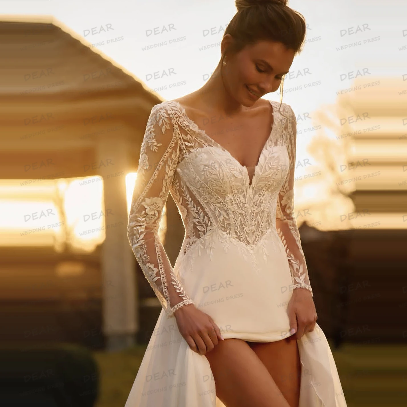 Proste, seksowne suknie ślubne w kształcie litery A, damskie koronkowe suknie ślubne z długim rękawem i rozcięciem, formalne suknie ślubne z dekoltem w serce, Vestidos De Novia, szyte na miarę.