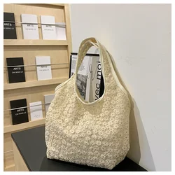 Korean Female Flower Handbag Canvas Mesh Casual Tote Shoulder Bags Women's Underarm Bag Large Capacity 2024 New Summer Beach Bag