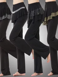 New Square Dance Straight Leg Pants Gold Lace Dance Skirt Pants Shiny Latin Dance Leopard Print Side Slant Hem Micro Flared L...