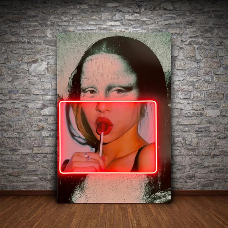 Mona Lisa with Lollipops Neon Pop Art Canvas Print Posters Canvas Painting Abstract Portrait Fashion Wall Art Picture Home Decor