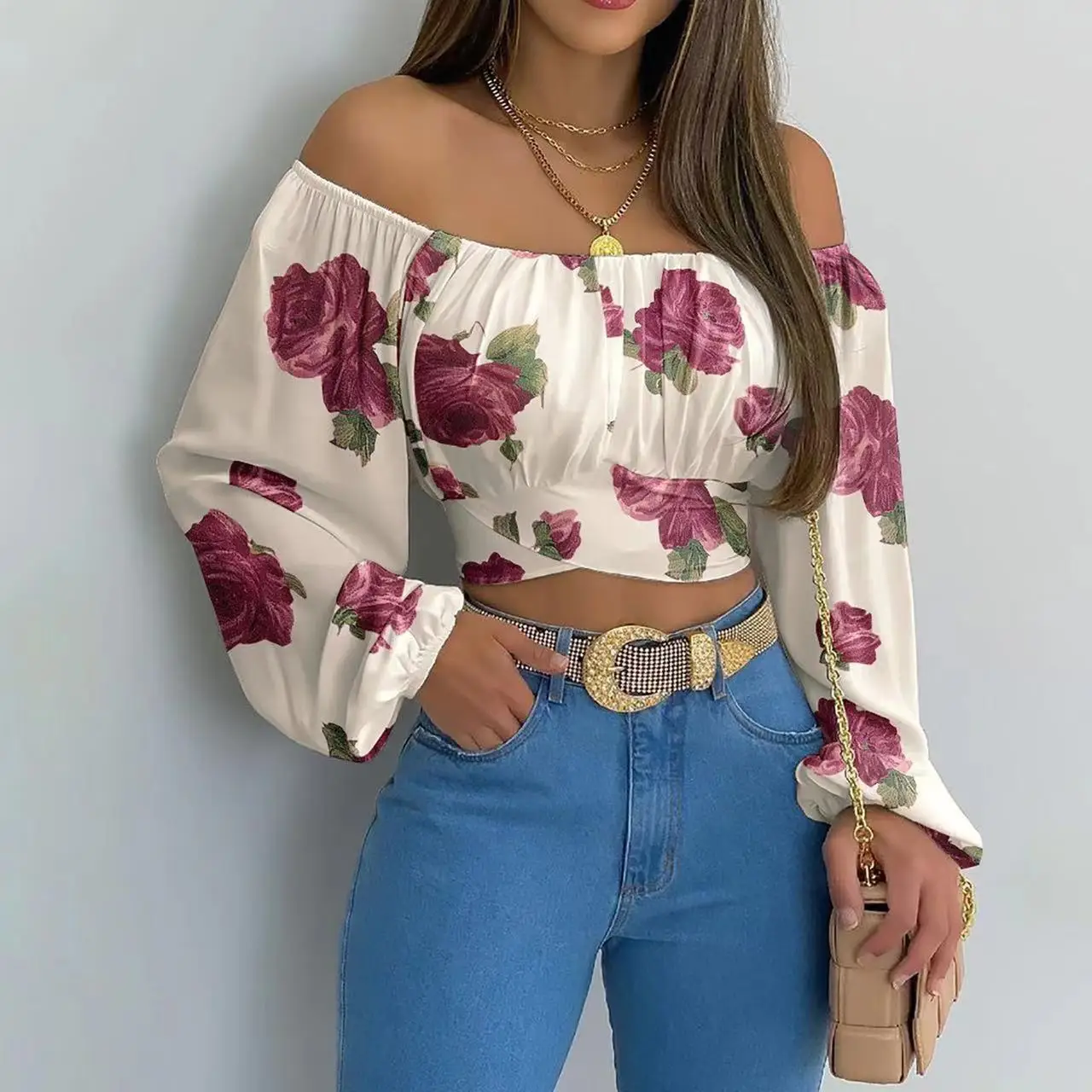 2024 Women Sexy Off Shoulder Printing Blouses Chic and Elegant Lantern Long Sleeve Lace Up Bow Cropped Tops Casual Slim Shirts