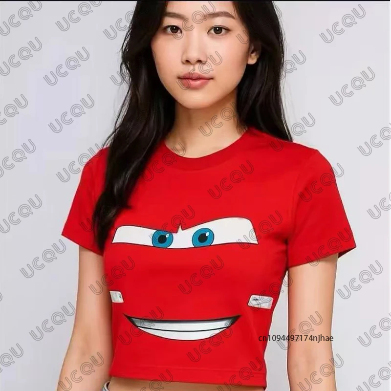 صيف جديد البرق ماكوين تي شيرت مطبوع للنساء كوريا Sle قصيرة الأكمام المحاصيل الأعلى الشارع الشهير تيز خمر بلايز Y2k عادية