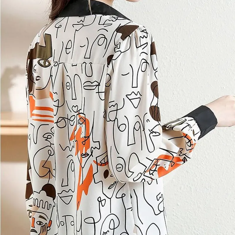 Fashion Printed Shirt 2023 Spring Autumn Commute Single-breasted Casual Korean Polo-Neck Spliced Women\'s Clothing Loose Blouse