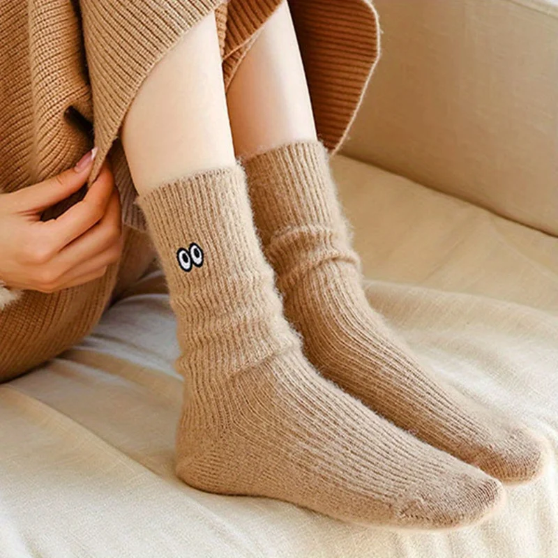 (1/3 Pairs) Cute Cartoon Tube Socks with Embroidered Eyes, Solid Color Printing, Plush Warm Floor Socks, Tube Slippers Socks
