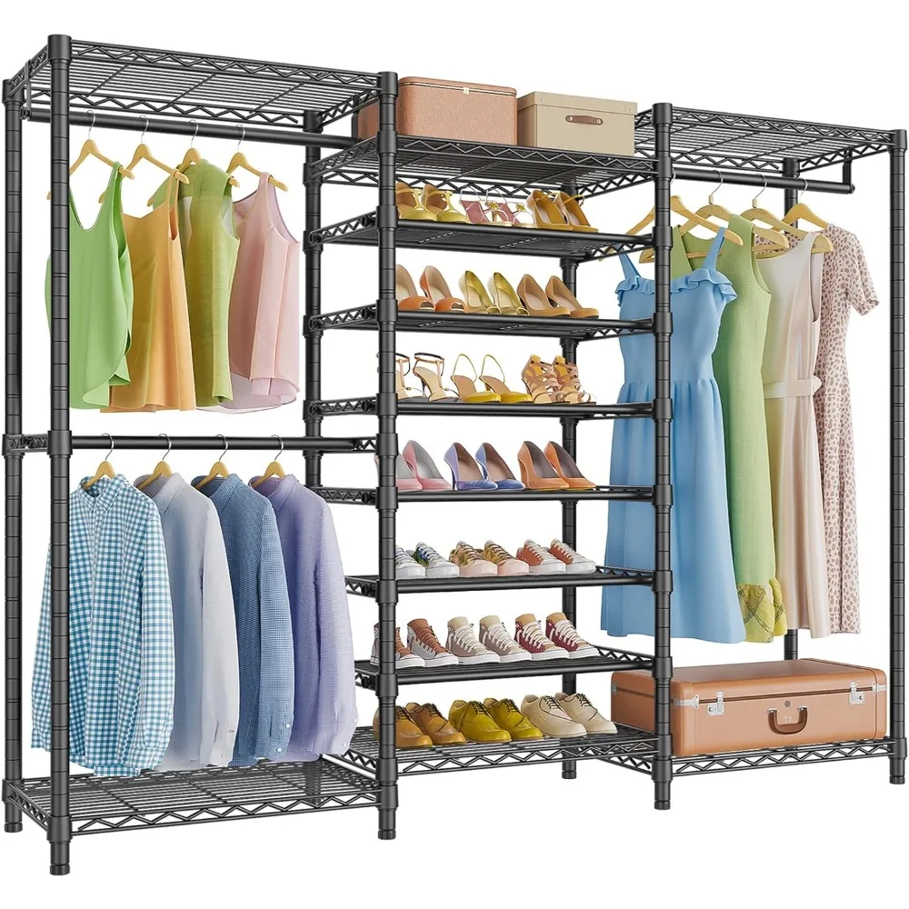 

S3 Heavy Duty Garment Rack Freestanding Clothes Rack Closet Storage Organizer Large Wardrobe with 6-Tier Shoe Rack