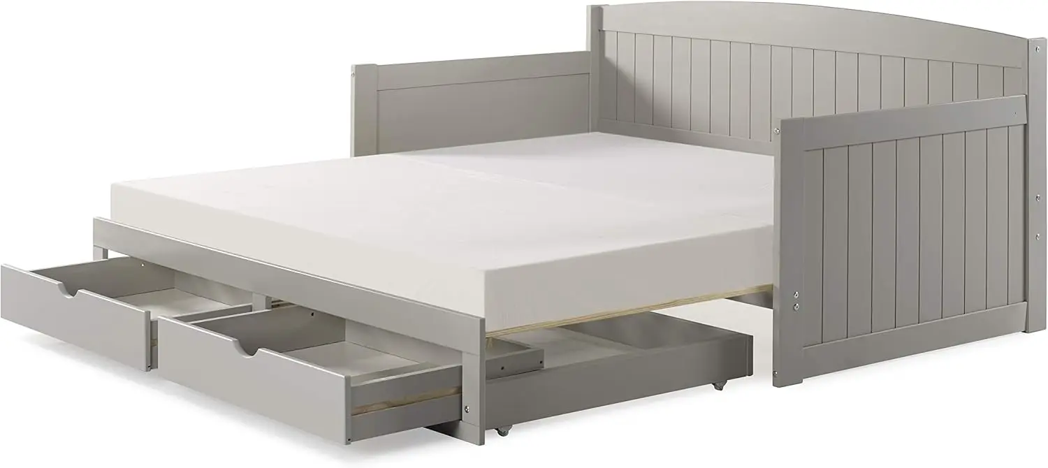 Wood Daybed, Single, Dove Gray, 2 Pull-Out Drawers, 440 lbs Weight Capacity, Brazilian Pine Construction, Veneers, Children's