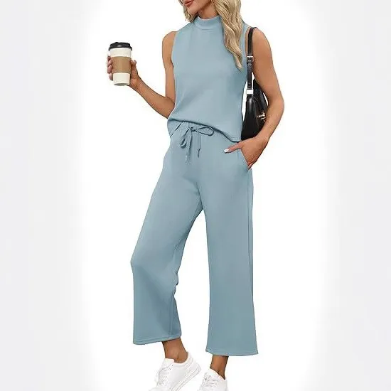 

2 Piece Set Pants Sleeveless Top Solid Color Trousers Light Blue Drawstring Waist Wide Leg Pants Cropped Casual Crop Pants