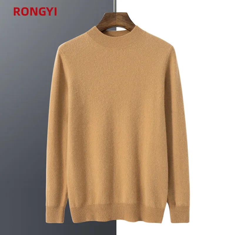 RONGYI Men\'s 100%  Goat Cashmere Pullover Half Turtleneck Sweater Autumn and Winter Warm Solid Knit Sweater Business Casual Top