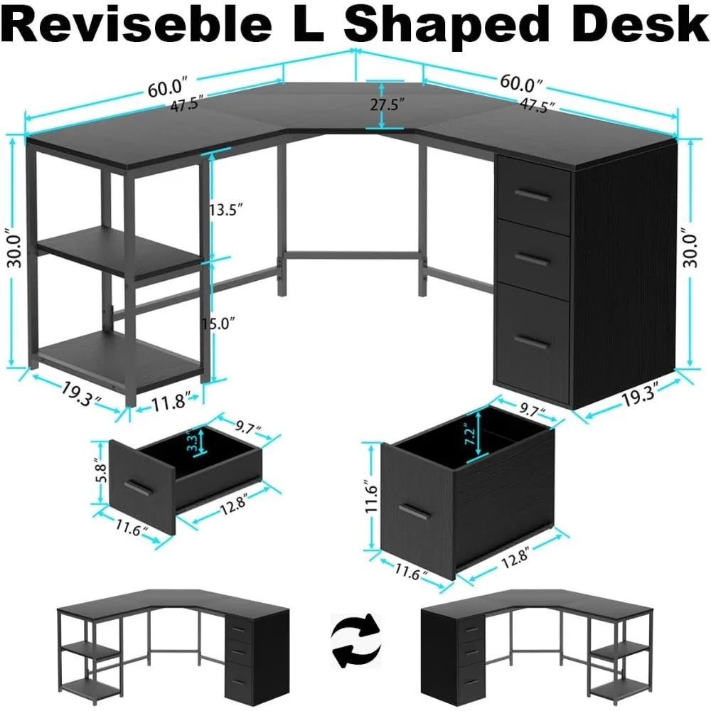 L-Shaped Desk with File Drawers Cabinet Adn Storage Shelves, for Home Office Bedroom, Reversible Corner Executive Computer Desk