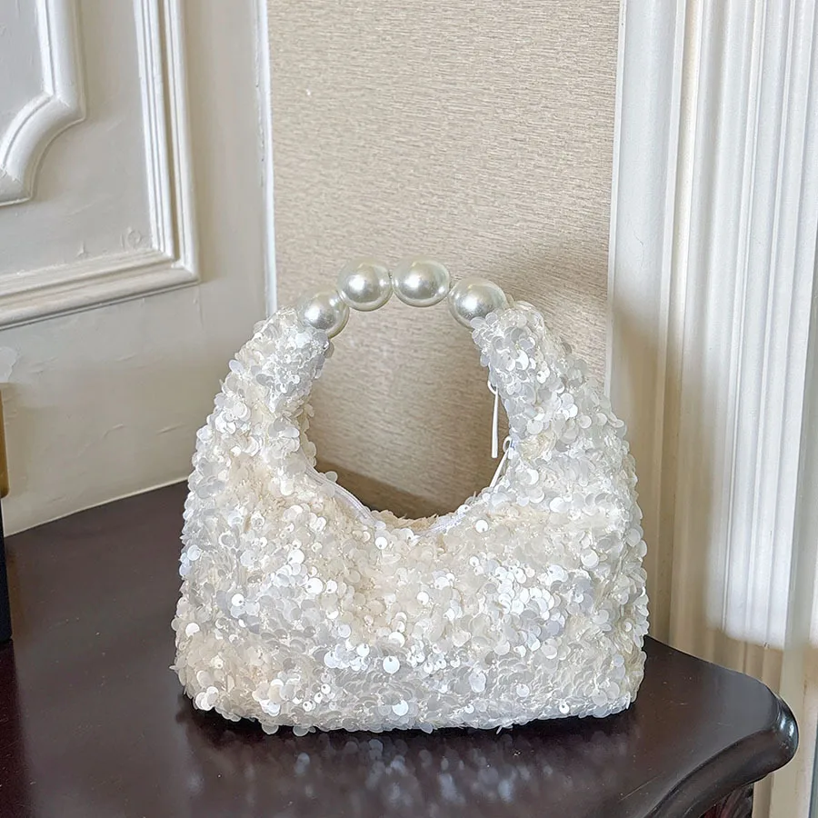 French beige sequined crescent handbag large pearl ring handle soft light temperament wedding dress bag