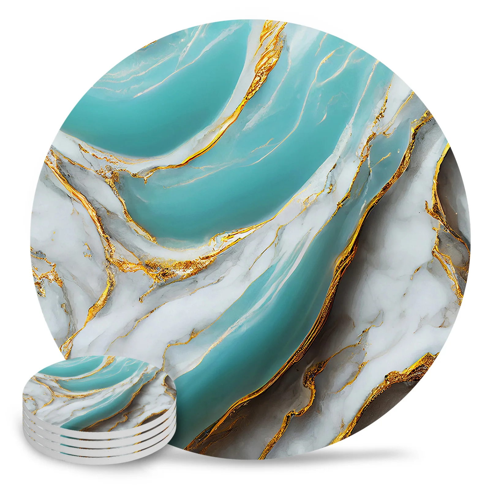 Marble Texture Aqua Coasters Ceramic Set Round Absorbent Drink Coaster Coffee Tea Cup Placemats Table Mat