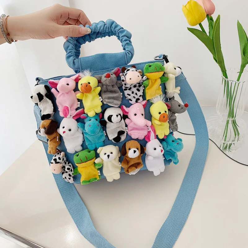 Fashion Women Denim Bucket Cartoon Toy Decoration Handbags and Purses for Female Cute Dolls Design Shoulder Bags Crossbody Bags