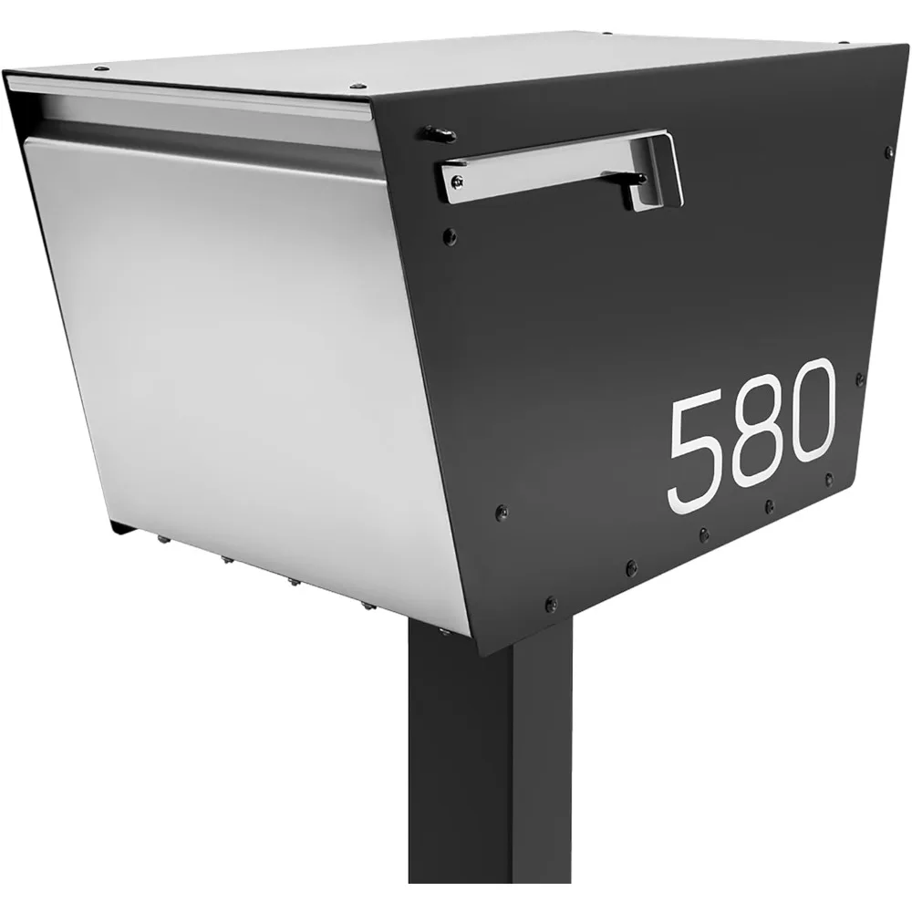 Home Walter Post Mount Mailbox, Modern Curbside Stainless Steel, Large Locking, Black