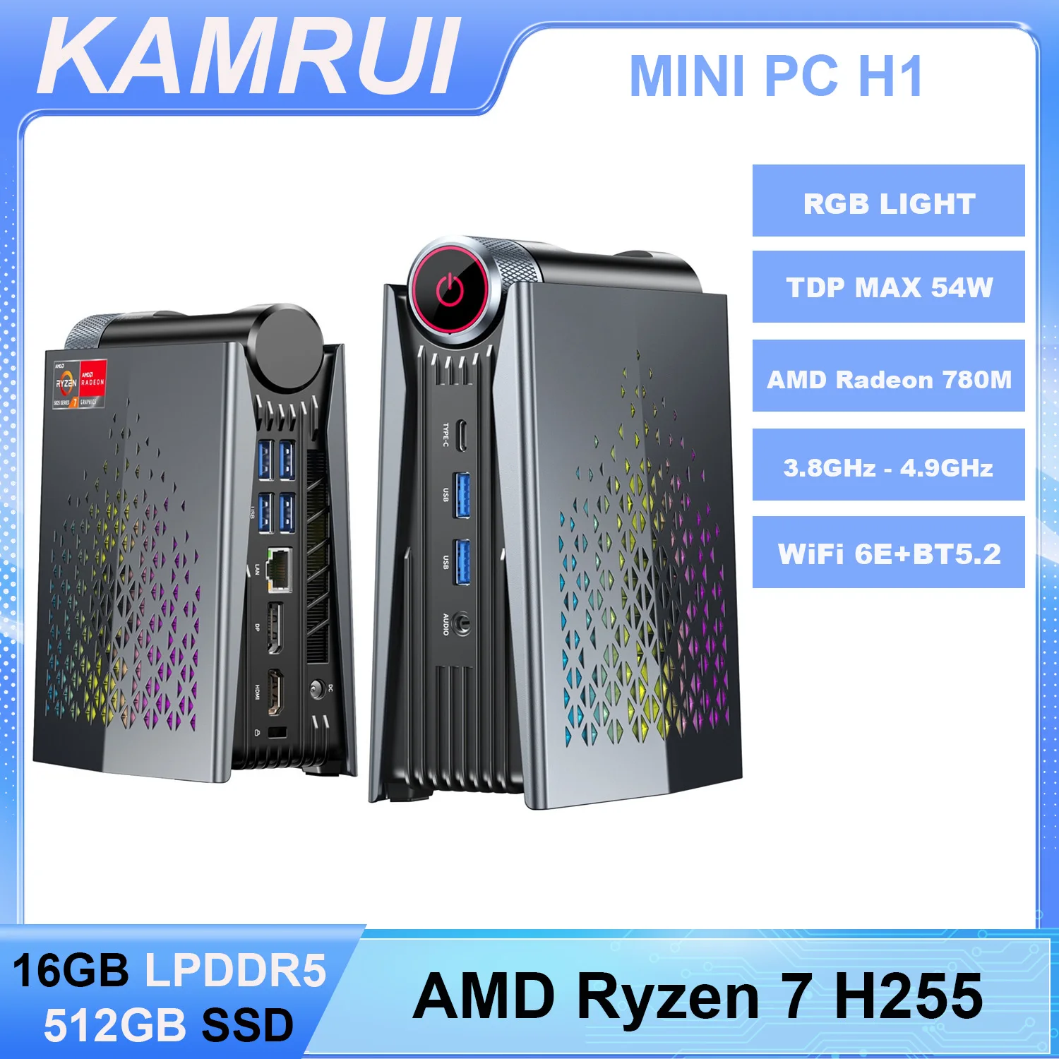 KAMRUI MINI PC AMD Ryzen7 H255 16GB LPDDR5 512GB NVMe PCIe4.0 SSD Radeon 780M Wifi6E BT5.2 2.5G LAN Computador Desktop MINI Gamer
