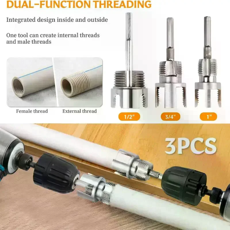 3Pcs Heavy-Duty PVC/Plastic Pipe Threading Tool Kit With 1/2
