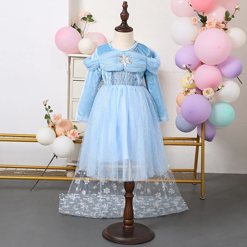 

2023 New Girls Dresses Frozen Elsa for Children Baby Kids Dress Long Sleeve Princess Dress Autumn Birthday Party With Cape 3-9Y