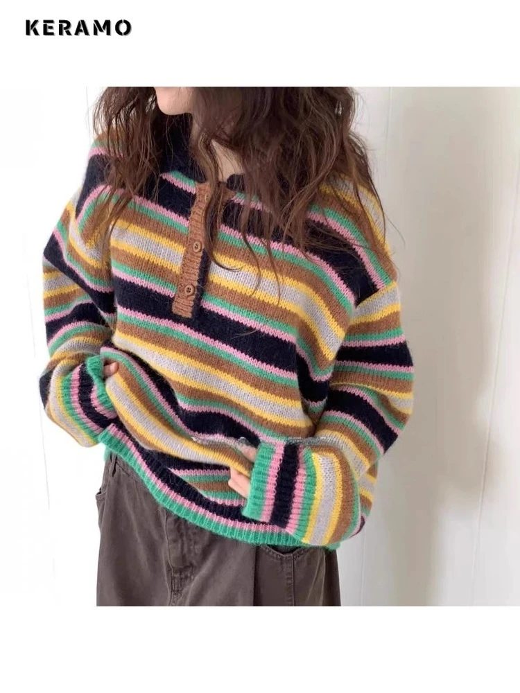 

Y2K вязаные повседневные пуловеры с длинными рукавами и буквенным принтом, зима 2025, корейский модный женский полосатый шикарный свитер свободного покроя с принтом