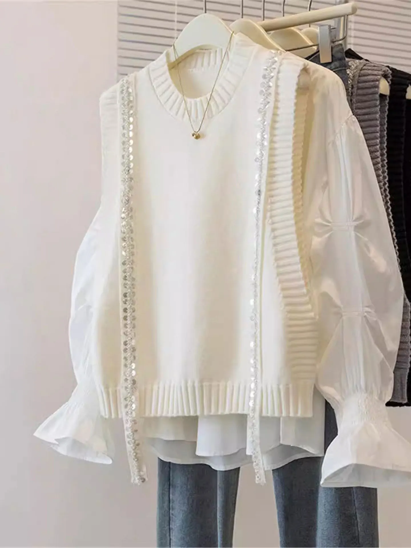 

Winter Women's plus Size Glitter Knit Vest Long Sve irt Two-Piece Set Casual Sle Bright Sparkle Top Bot Ensemble