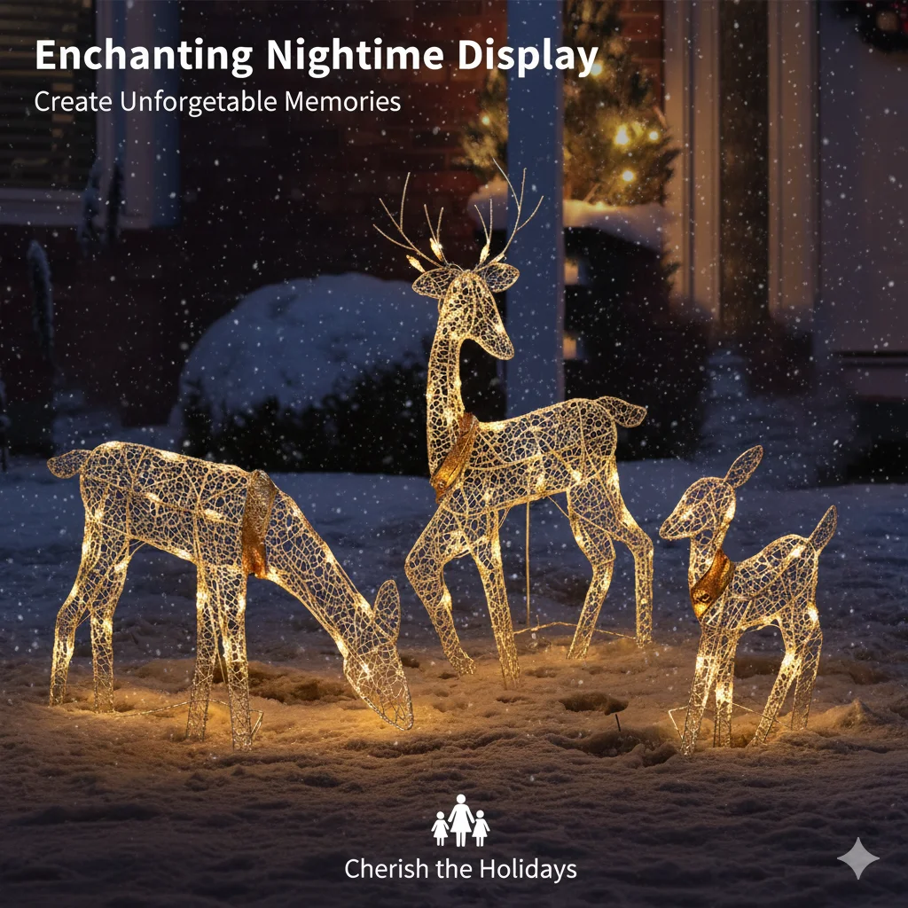 

3pcs LED Lighted Reindeer Christmas Decor Set Outdoor Iron Art Deer with Glitter Lights for Lawn Garden Yard Holiday Display