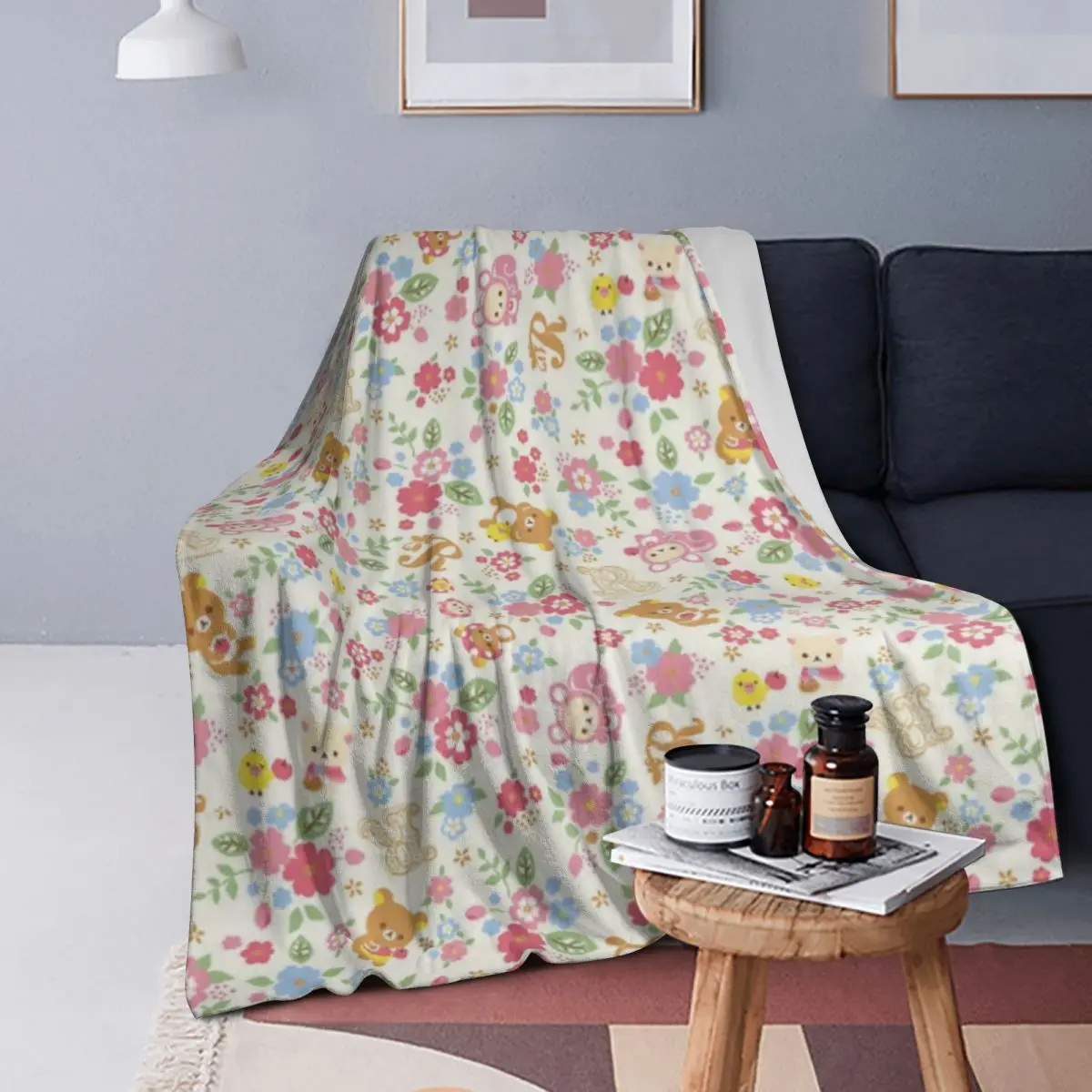 

Cute Rilakkuma Flower Pattern Blanket Soft Warm Flannel Throw Blanket Bedspread for Bed Living room Picnic Travel Home Sofa