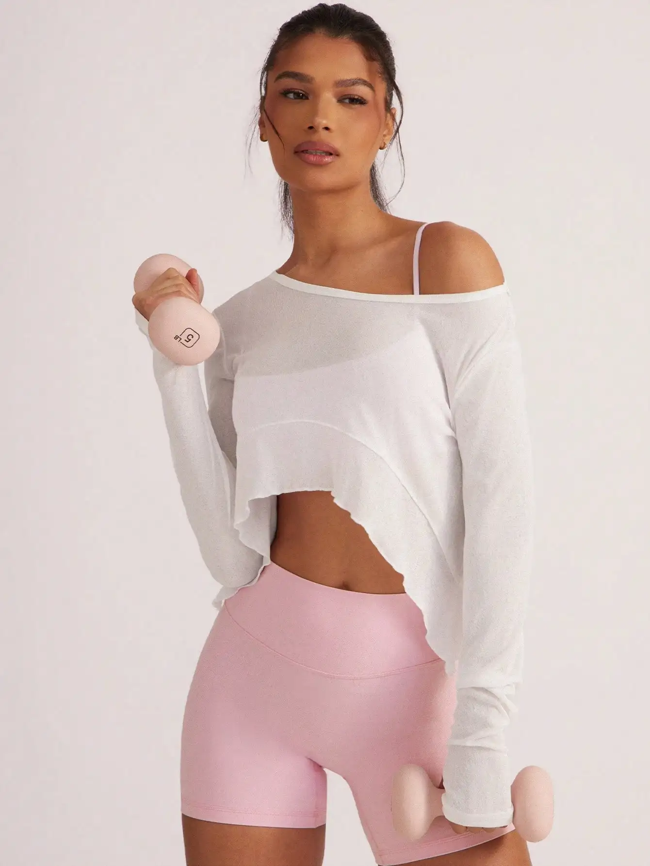 Women Solid Color Long Sleeve Mesh Crop Top And Bike Shorts Set For Yoga Workout Casual