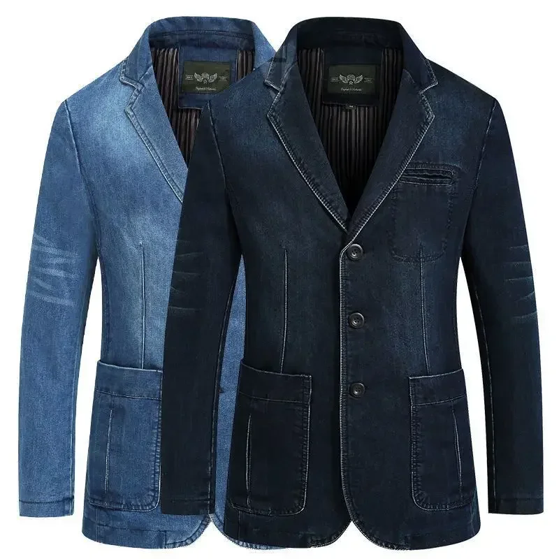 Spring Mens Denim Jacket Lapel Multi Pocket Solid Color Single Breasted Jacket High-quality Mens Denim Slim Fitting Blazer Coats