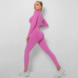 Women Sport Set Ribbed Long Sleeve Trousers Set High Waisted Sports Leggings Set Workout Suit Gym Fitness Running Tracksuit