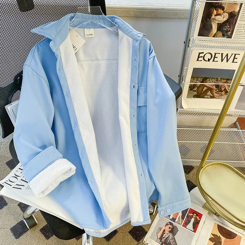 

Men's Long Sve Fce Lined Loose Fit irt Pure Color Korean Sle Casual Outerwear Autumn Winter Faion Youth Trend