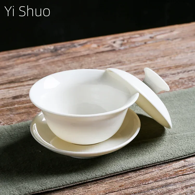 Ceramic Whiteware Cover Bowl Three-Force Tea Bowl Jade Porcelain Cover Cup Large Kung Fu Tea Set  Ceramic Gaiwan