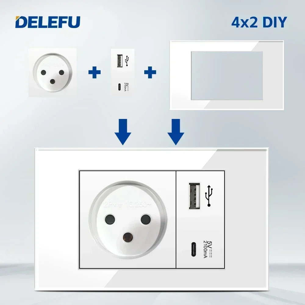 DELEFU Israel Socket DIY Blank Board USB TypeC Doorbell Switch 45A 20A Curtain TEL CAT5 TV HDMI SAT Smart White
