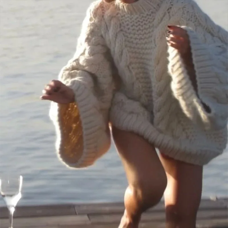 

Women Loose Sweater Round Neck Flared Sleeve Cable Knit Sweater Women's Ins Knitting Pullover Loose Fit Knitwear