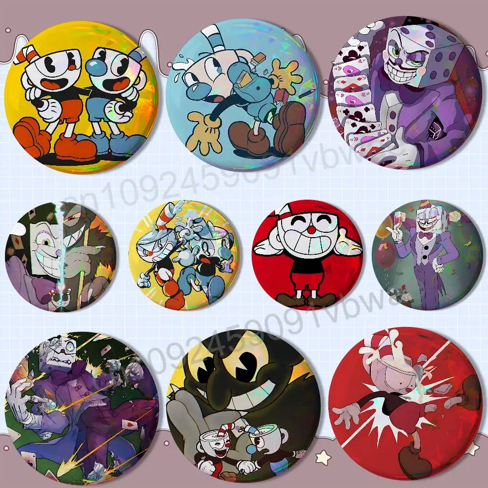 

King Dice Cuphead Mugman 58mm 44mm Pins Creativity Printed Pictures Text Metal Lapel Badges Brooches Jewelry Gift Wholesale