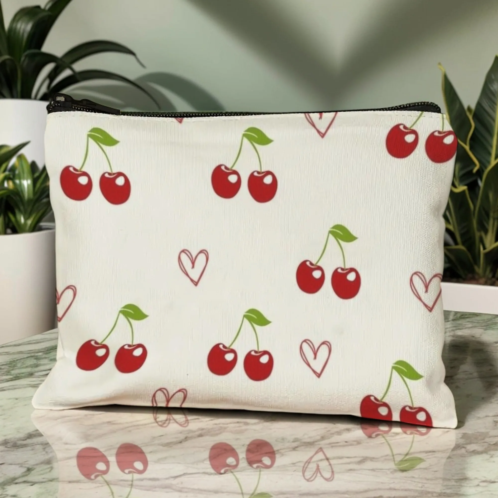 Cherry & Heart Pattern Cosmetic Bag，Lightweight Zipper Pouch，Travel Makeup Organizer for Men & Women，Cute Daily & Trip Essential