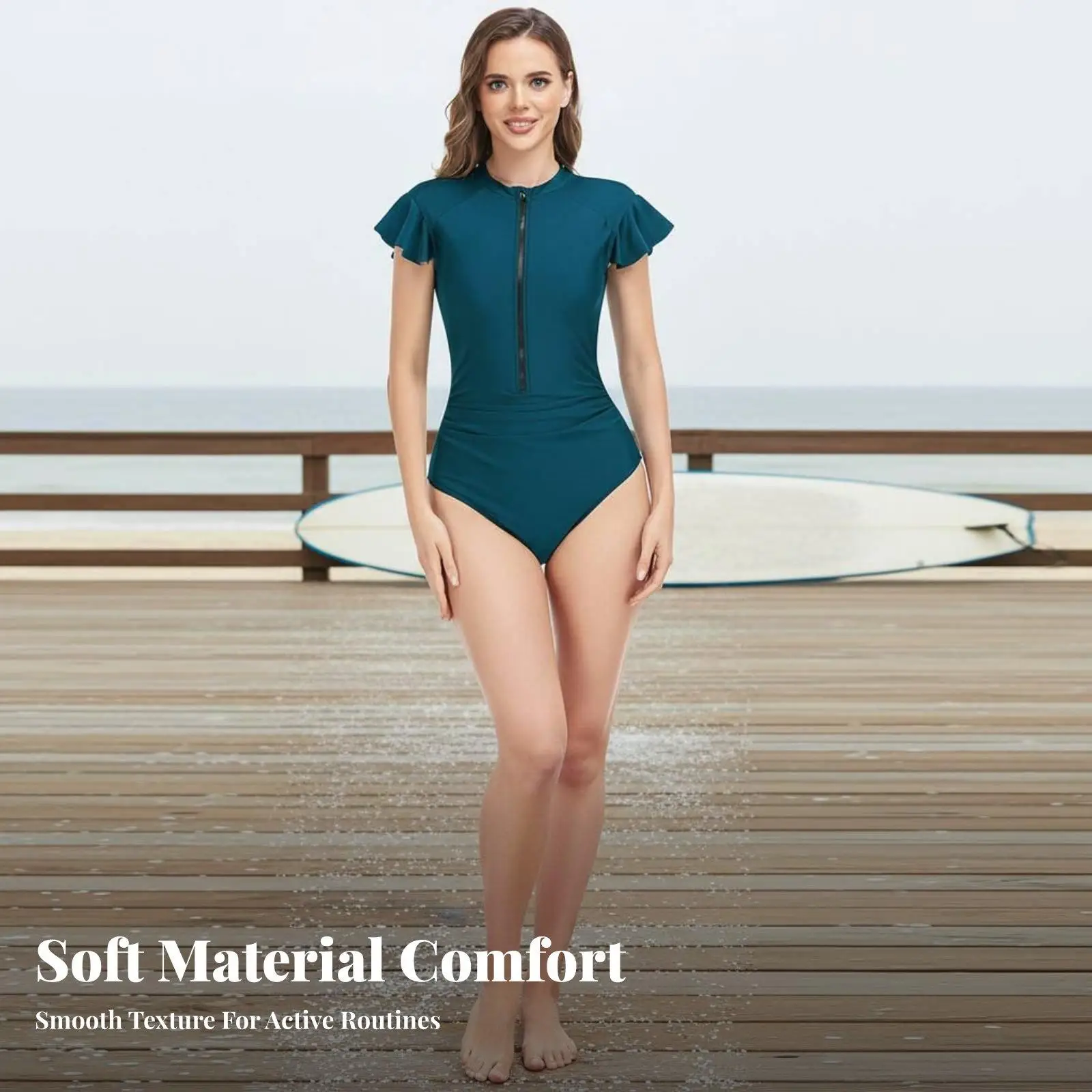 Solid Color Women Surfing Swimsuit One Piece Front Zip Quick Dry Polyester Flutter Sleeve Swimwear for Swimming Pool Lounging