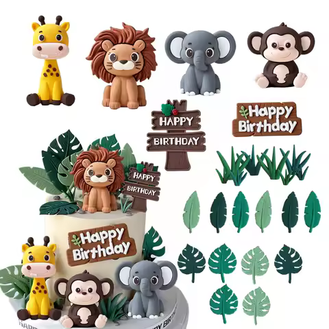 Wild Jungle Animal Cake Toppers Lion Elephant Giraffe Monkey Leaves for Safari Theme 1st Birthday, Baby Shower Party Supplies
